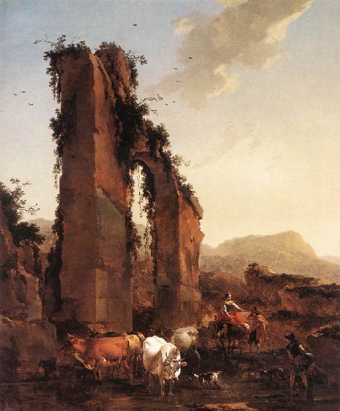 BERCHEM, Nicolaes Peasants with Cattle by a Ruined Aqueduct oil painting image